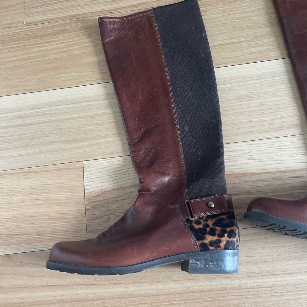 Stuart Weitzman Leather and Leopard Heal Knee High Boots Brown - Picture 3 of 9